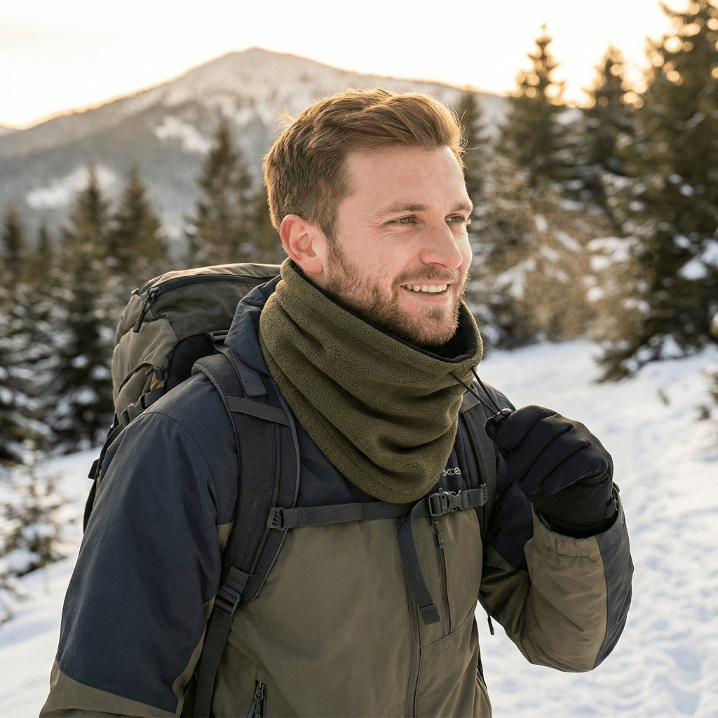 Komfortabel herre halsvarmer i myk fleece, ideell for vinterfotturer, ski og andre utendørs eventyr i kulden.