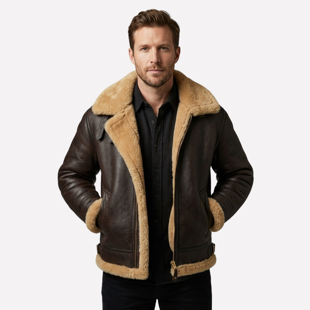 Herre vinter flygerjakke i varm fuskepels, stilfullt yttertøy med shearling-stil, perfekt for kalde dager.