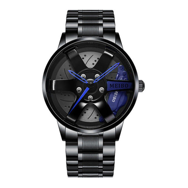 Detaljert sort urskive på herrearmbåndsur, chronograph-lignende racerbil-elementer. Presisjonsklokke.
