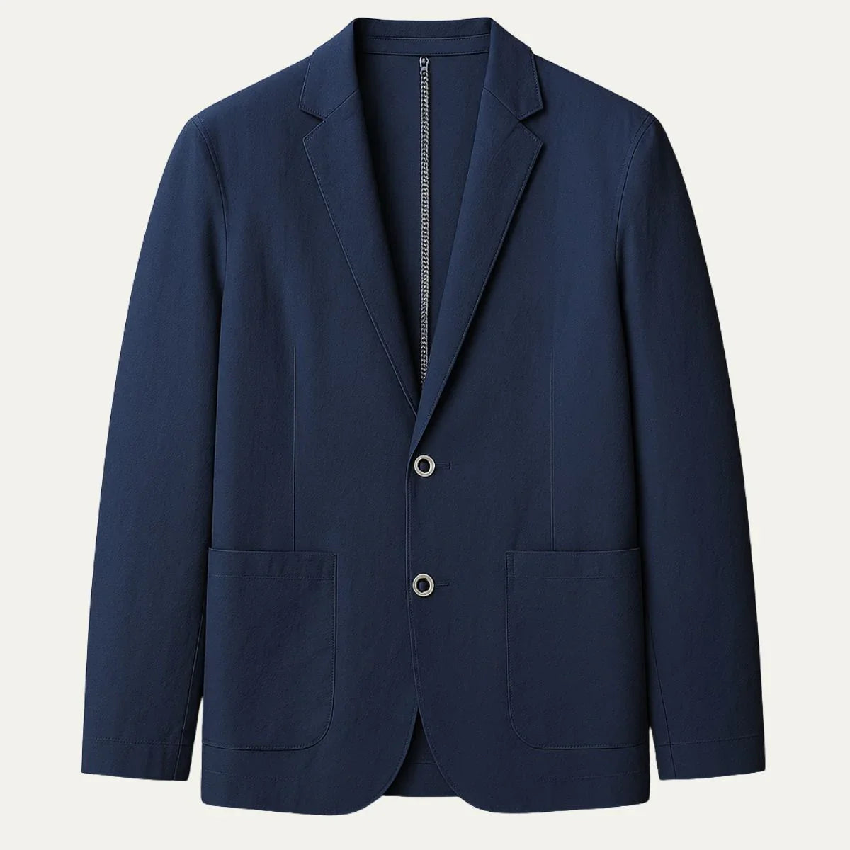 Klassisk skreddersydd herreblazer i høykvalitetsstoff, ideell for et sofistikert vår- og sommerantrekk.