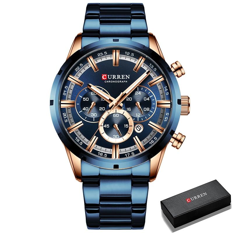 Herre Chronograph Klokke med svart urskive, lenke i rustfritt stål, elegant og vanntett.