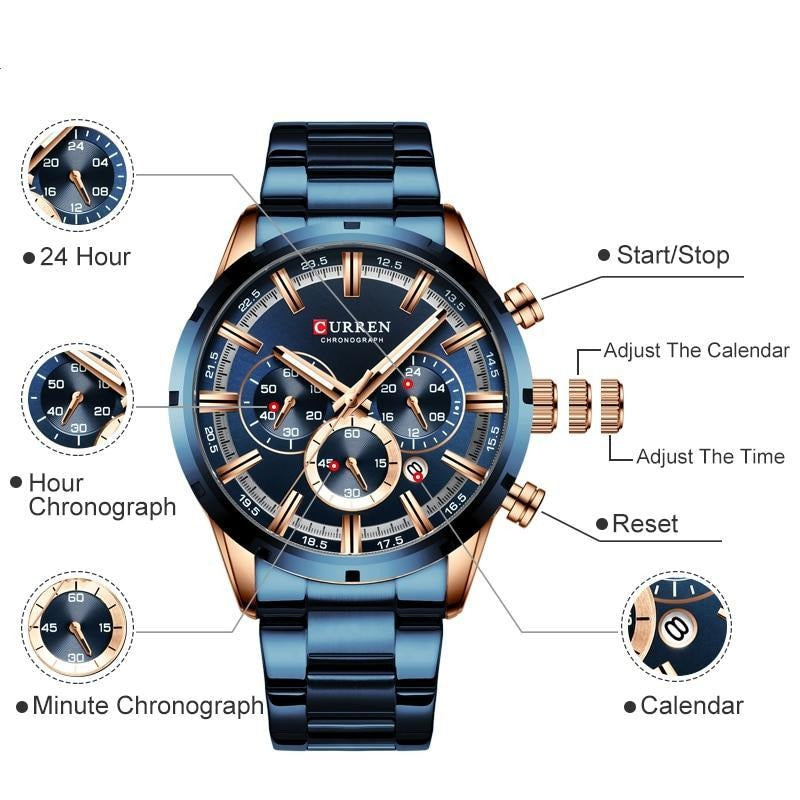 Herre Business Chronograph Klokke, detaljer av ringen og den presise takymeteren for menn.