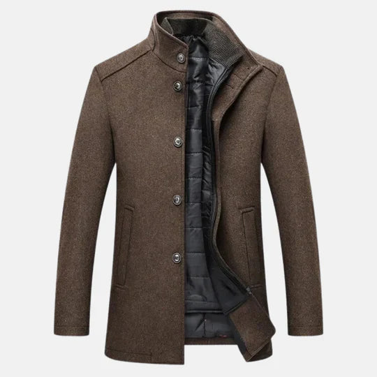 Svart herre vinterjakke, justerbar midje, ideell for elegant herreantrekk.