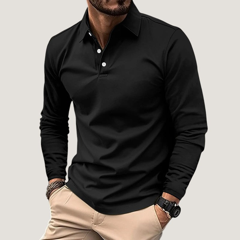 Schwarzes Herren Langarm Poloshirt mit elegantem Kragen, vielseitige Herrenmode