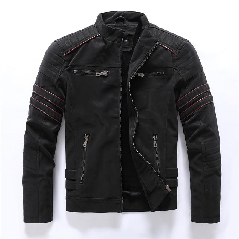 Robuste Kunstlederjacke für Herren mit Stehkragen, perfekt als Motorradjacke oder Freizeitjacke.