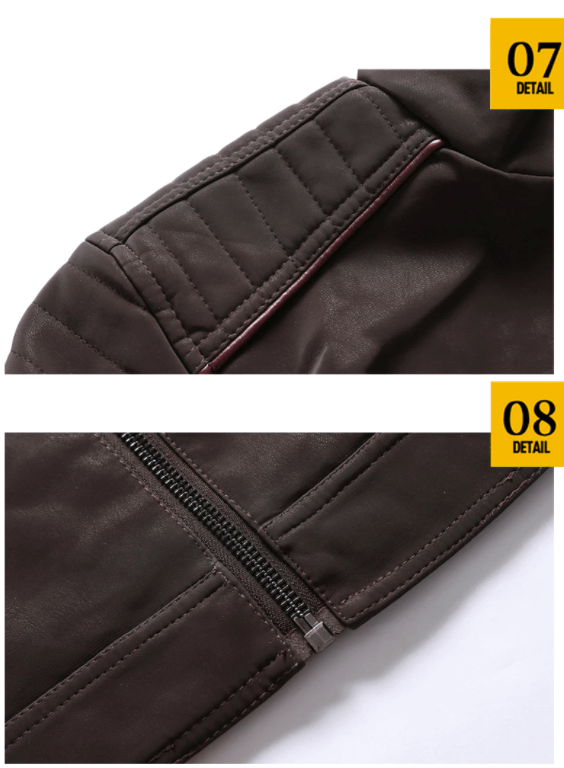 Detailaufnahme einer Herren Kunstleder Bikerjacke mit Stehkragen und Reißverschluss.