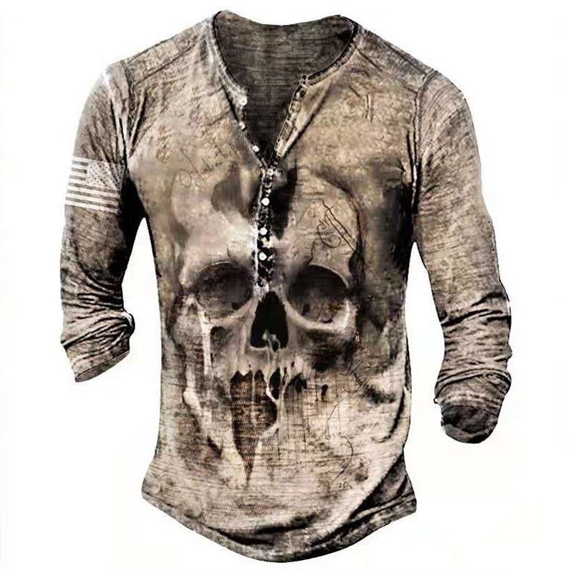 Herren Retro Langarmshirt mit Totenkopf Print, Vintage Freizeit Oberteil in Schwarz