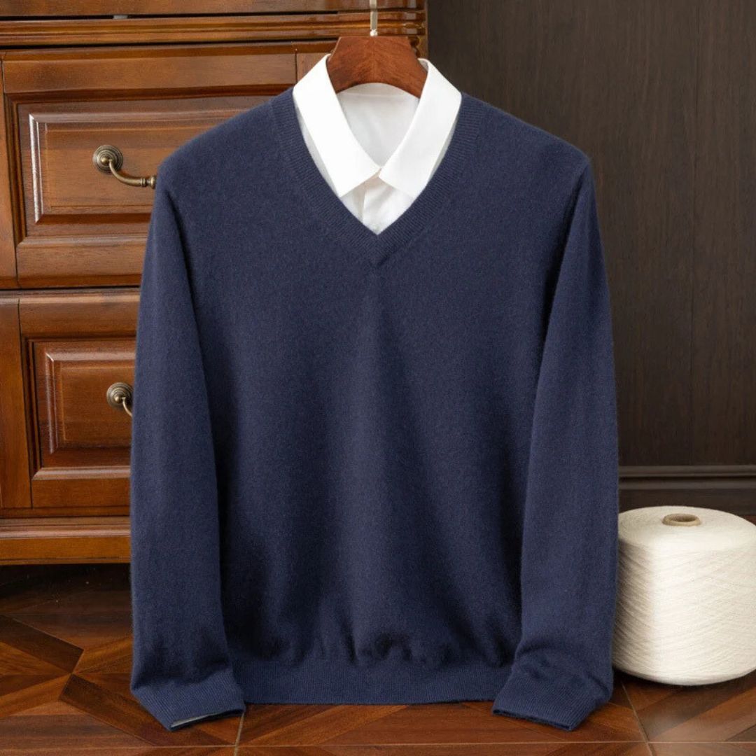 Grauer Herren Langarmpullover aus feiner Merinowolle mit V-Ausschnitt, Smart-Casual