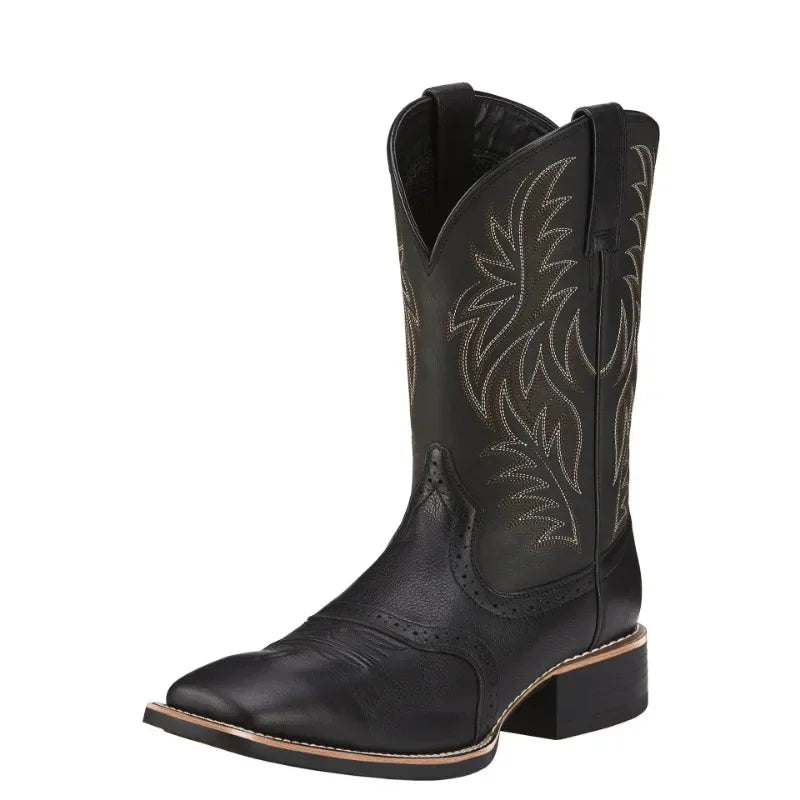 Vintage Herrestøvler i imitert skinn, spiss tå, markant broderi, ideell for en western-look