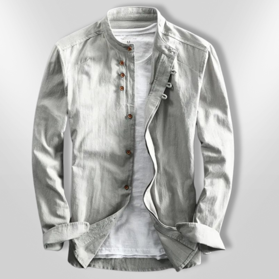 Hvit asymmetrisk herreskjorte i katana-stil, elegant fritidsskjorte med unik høy krage. Størrelse S-4XL.
