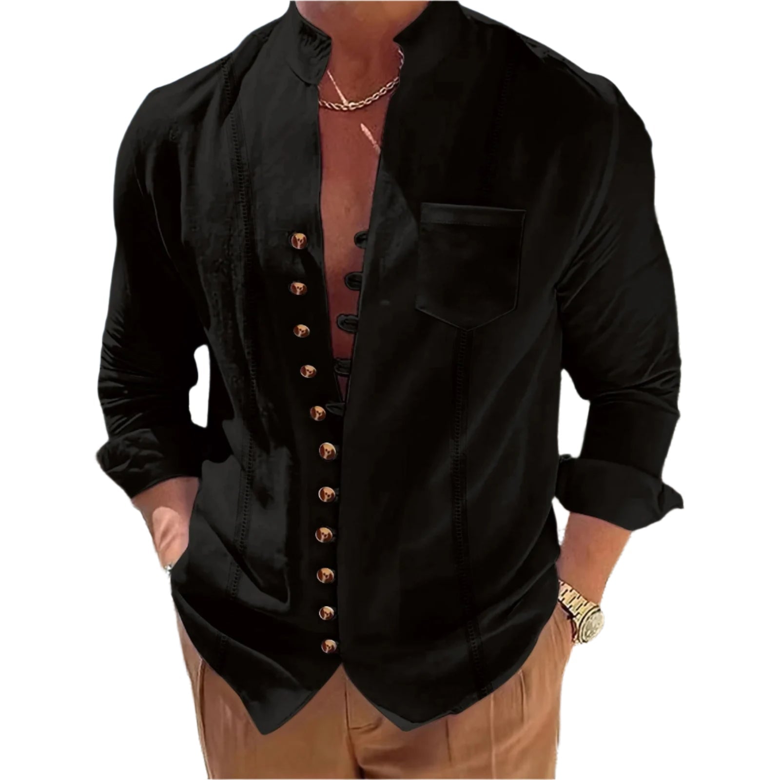 Modell viser en langermet herreskjorte med ståkrage, perfekt for en smart casual look.