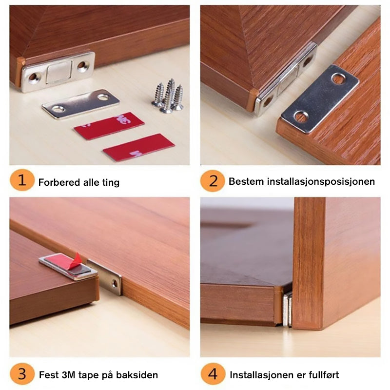 Kompakt magnetisk skaplukker for DIY-prosjekter. Rask og enkel montering uten behov for boring.