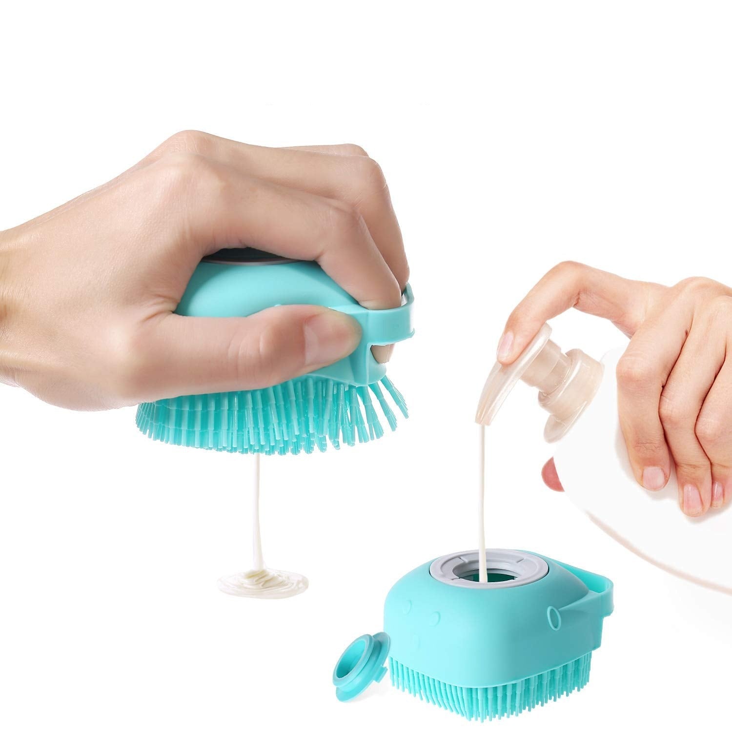 Ergonomisk designet hundebørste med sjampodispenser; perfekt for daglig hundepleie og bad.