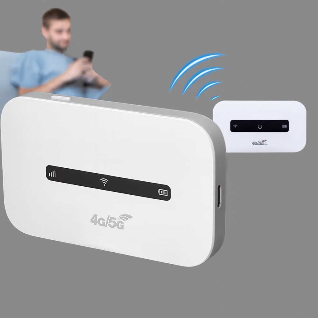 Hvit dual-band Wi-Fi ruter sikrer hurtig trådløst nettverk. Liten og lett for reisebruk.
