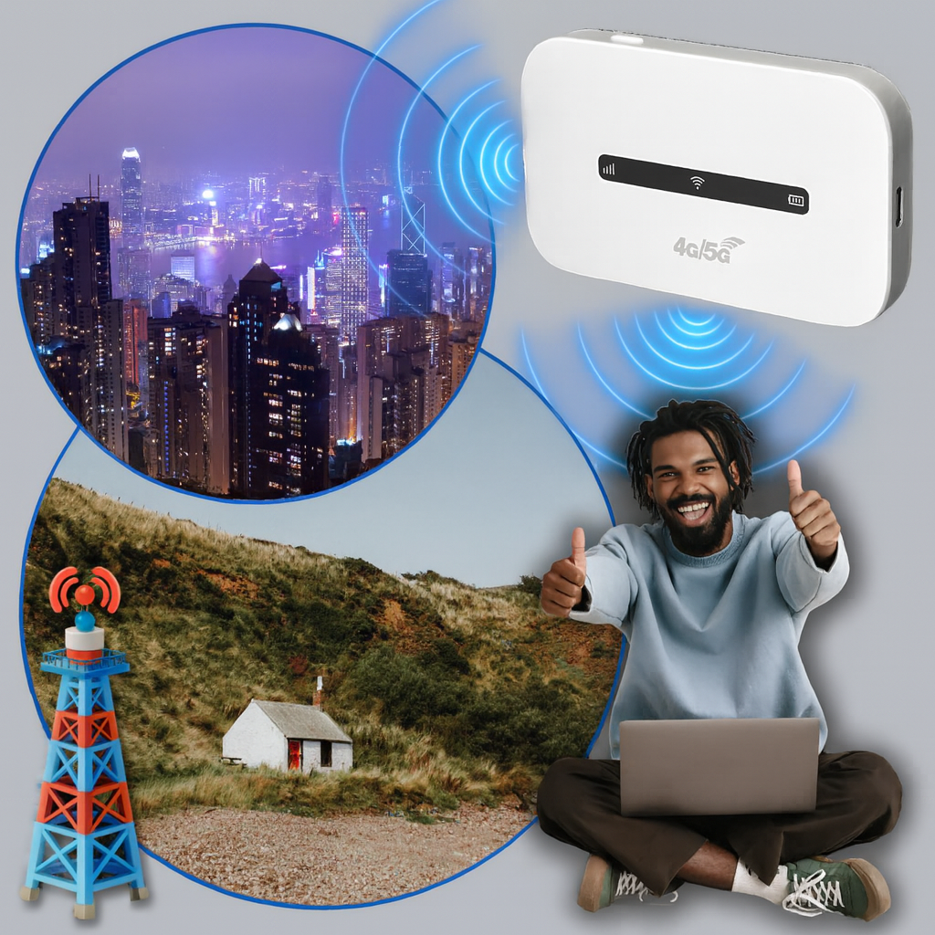 Pålitelig bærbar Wi-Fi ruter gir sikkert mobilt internett for alle enheter. Hvit, kompakt hotspot.
