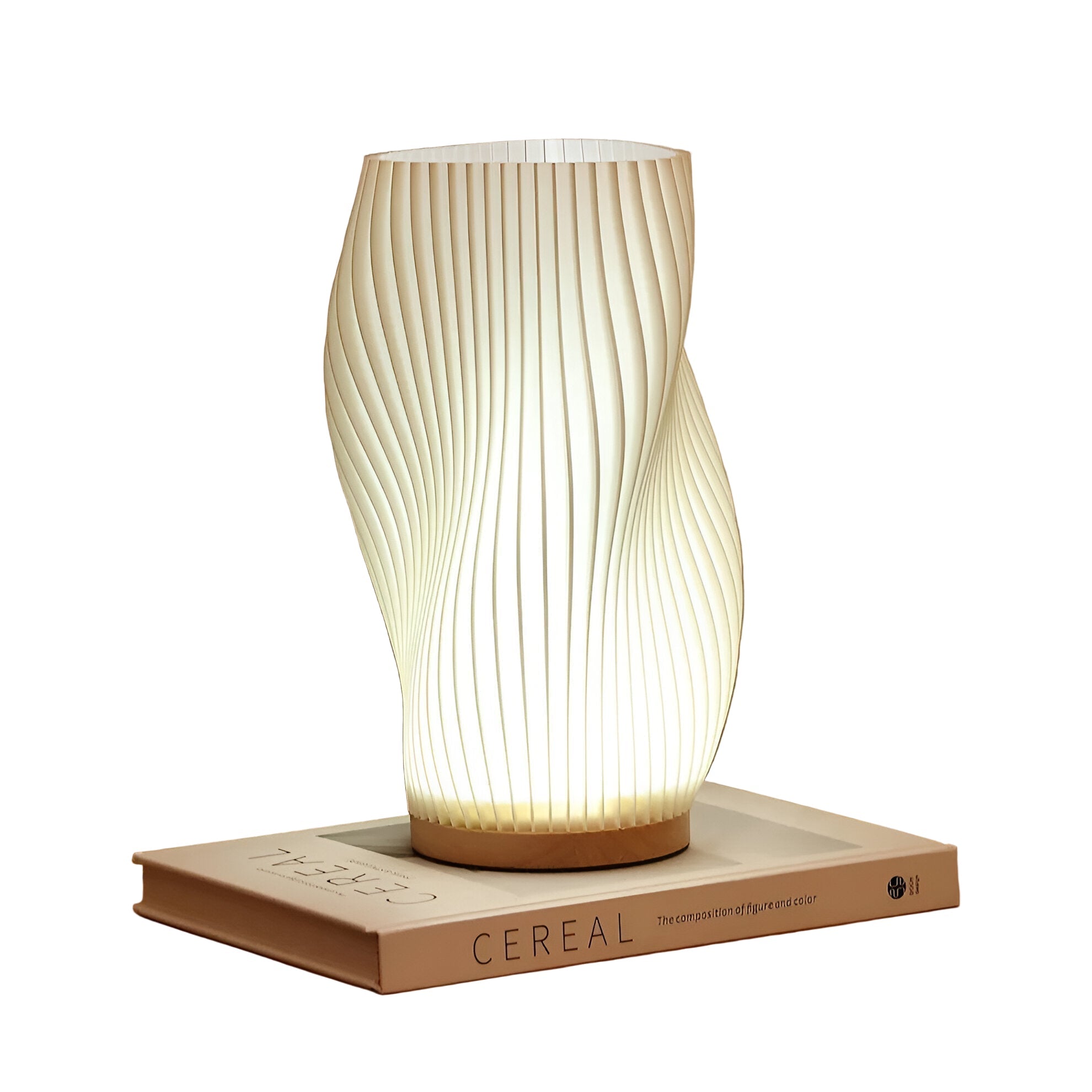 Hvit bordlampe med unik 3D bølgeeffekt, LED og dimbar funksjon. Perfekt for moderne interiør.