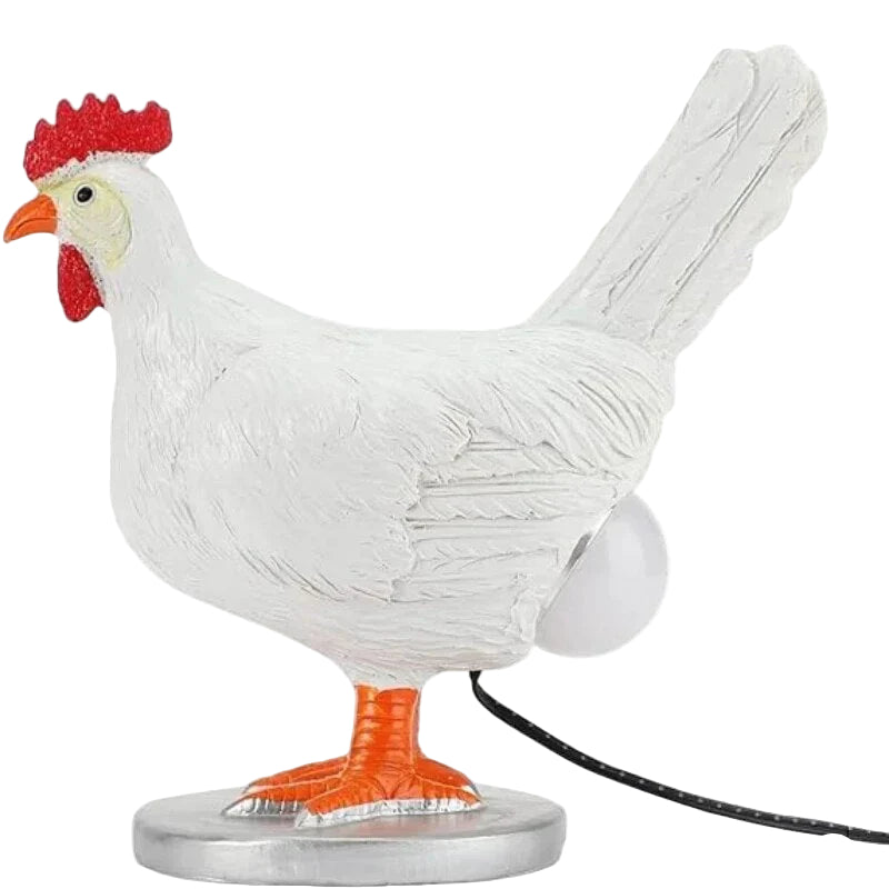 Hvit kylling bordlampe med varmt LED-lys, perfekt som morsom dekorasjon og stemningslys. Trådløs.