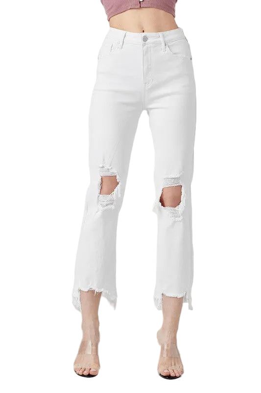Hvite damejeans med høyt liv og rett passform, perfekt for en tidløs og elegant hverdagsstil for kvinner.
