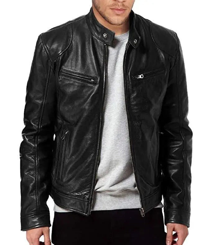 Svart motorsykkeljakke for menn. Vindtett mc-jakke med ståkrage i slim fit for stil og komfort.