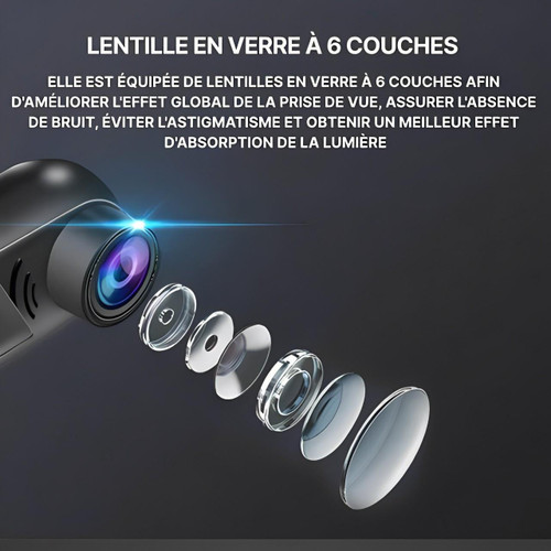 Nærbilde av intelligent dashcam, slankt design med objektiv og knapper. Biltilbehør for sikker kjøring.