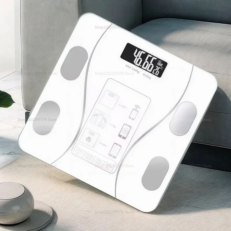 Smartvekt som måler kroppssammensetning; viser muskler, fett, vann. Ideell for fitness og helse.