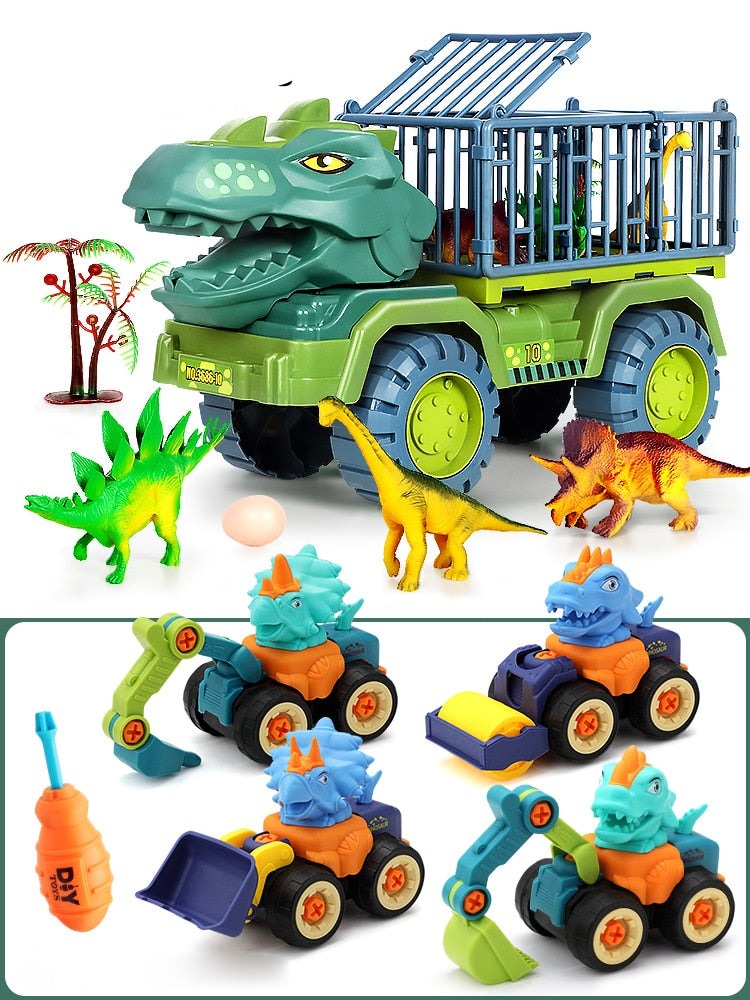 Barn leker med pedagogisk dinosaur lastebil lekesett; har lyder, lys og bevegelige deler for rollelek.