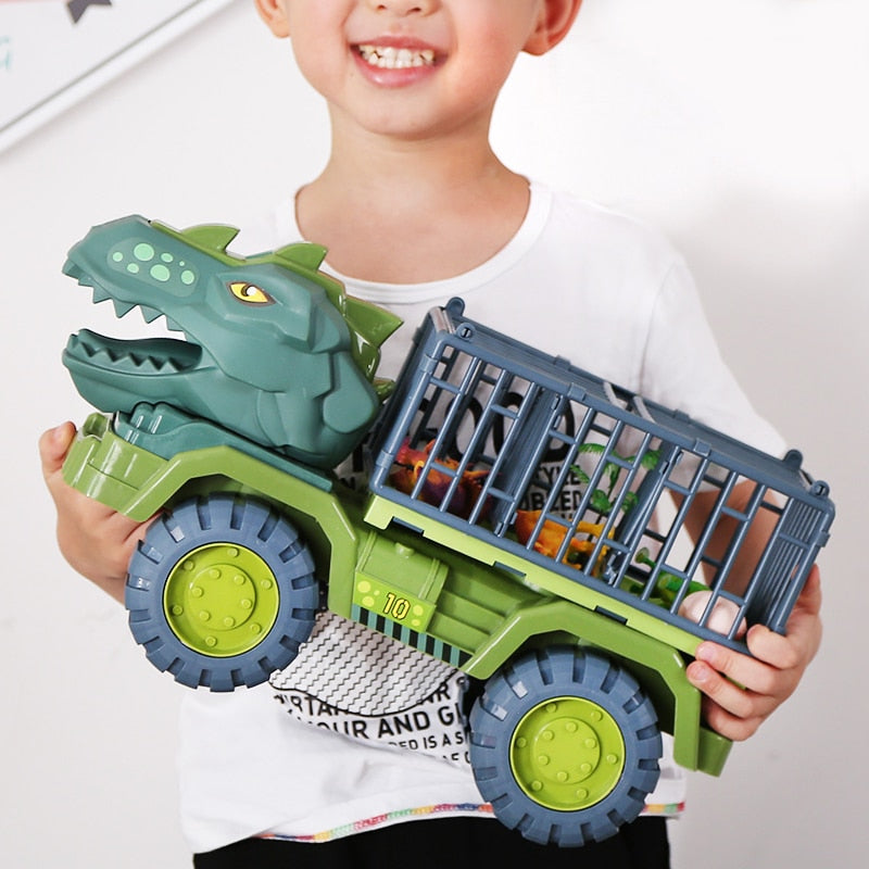 Fargerik dinosaur lastebil med ramper og rom for små dinosaurer, skapt for aktive og kreative barns lek.
