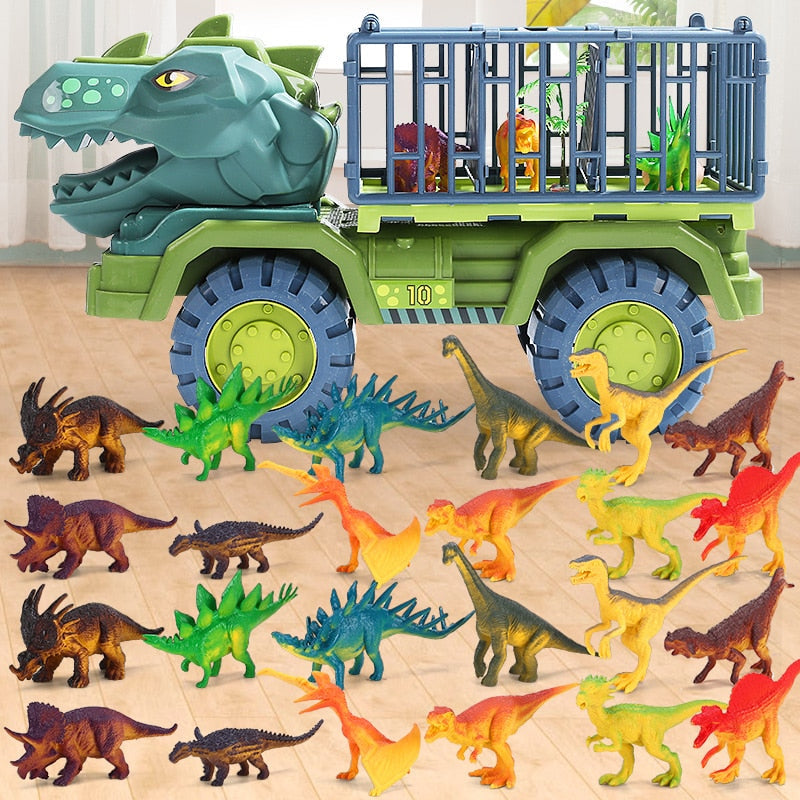 Komplett dinosaur lastebil lekesett for barn, med en stor lastebil og mange dinosaurer for spennende eventyr.