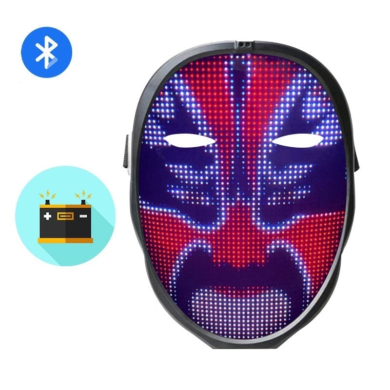Interaktiv LED-maske med Bluetooth, ideell for kostyme og fest. Skift ansikt med animerte mønstre.