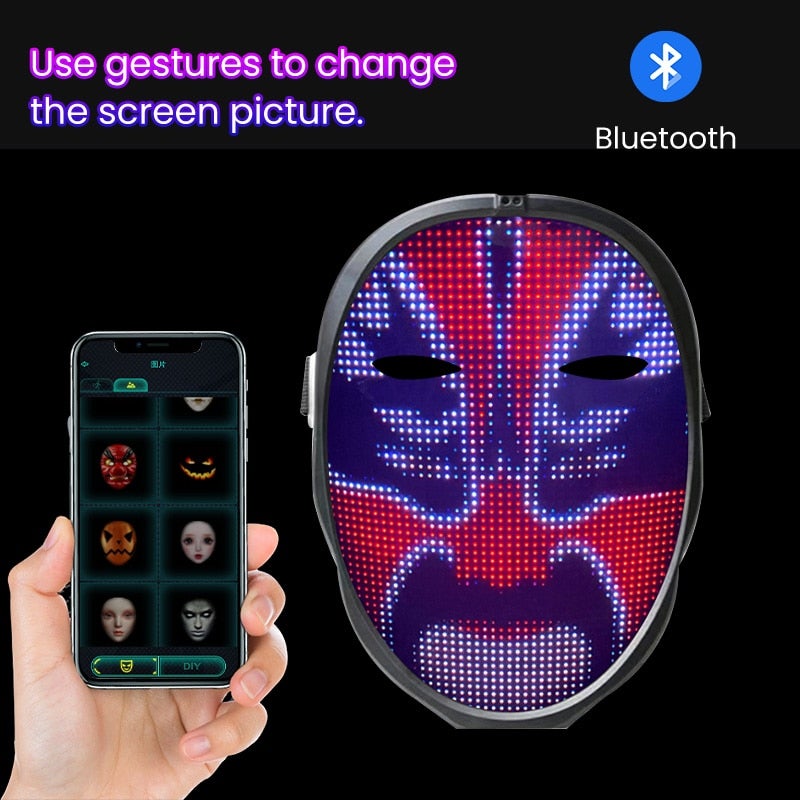 Halloween LED-maske med mange ansikter, perfekt for å skremme eller imponere. En animert festmaske.