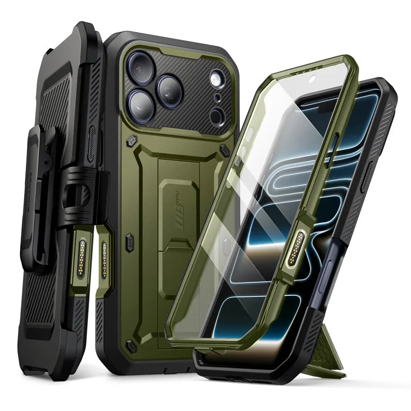 Detaljert bilde av iPhone 17 Pro Max deksel. Robust design, skjermbeskytter, belteklips for optimal mobilbeskyttelse.