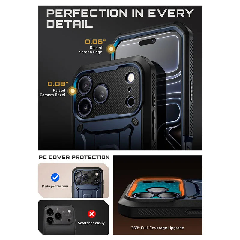 Robust iPhone 17 Pro Max deksel med kamerabeskyttelse. Slitesterkt design med belteklips for aktiv bruk utendørs.