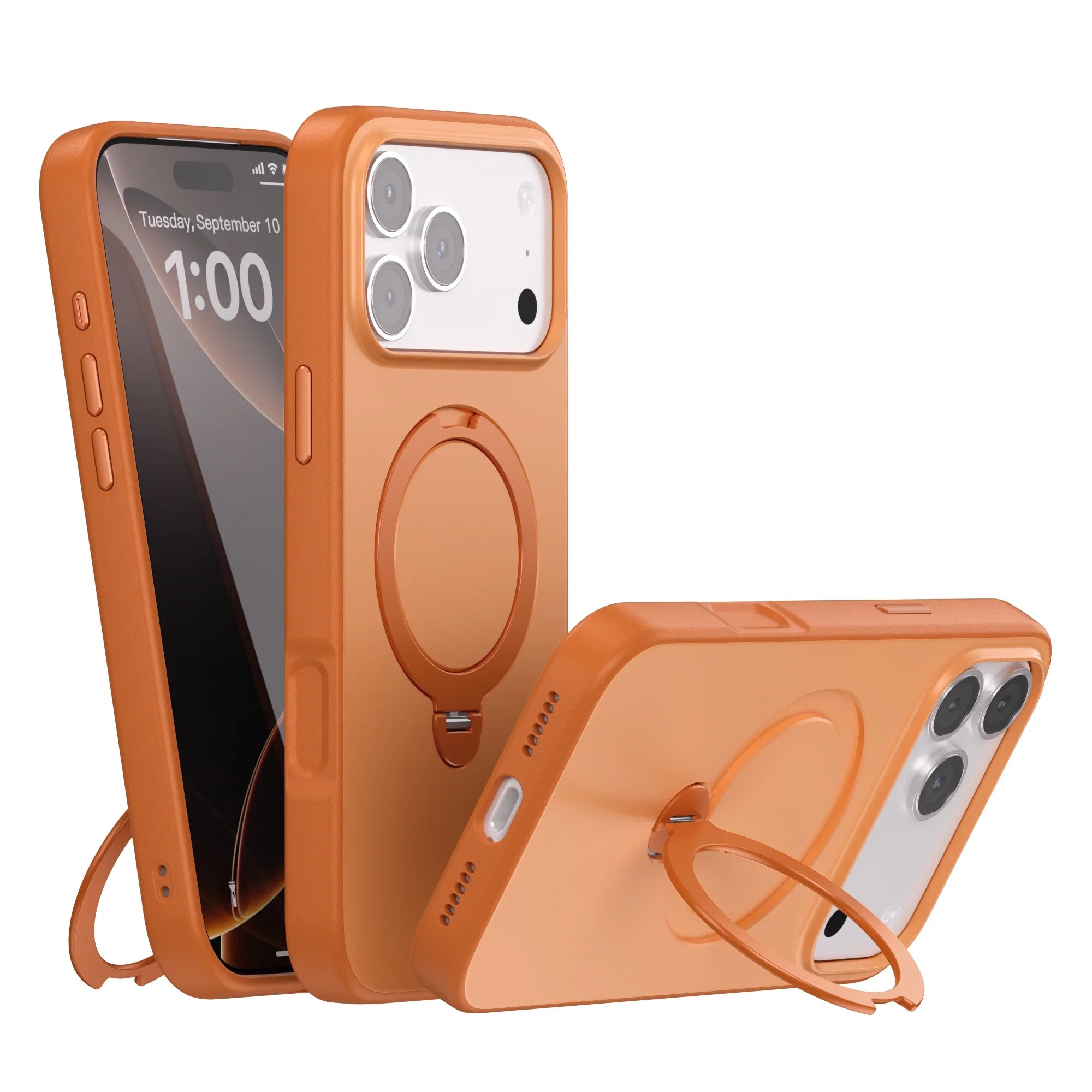 Nærbilde av iPhone-veske, fremhever robust design, roterende stativ og plass til kort. Funksjonell.