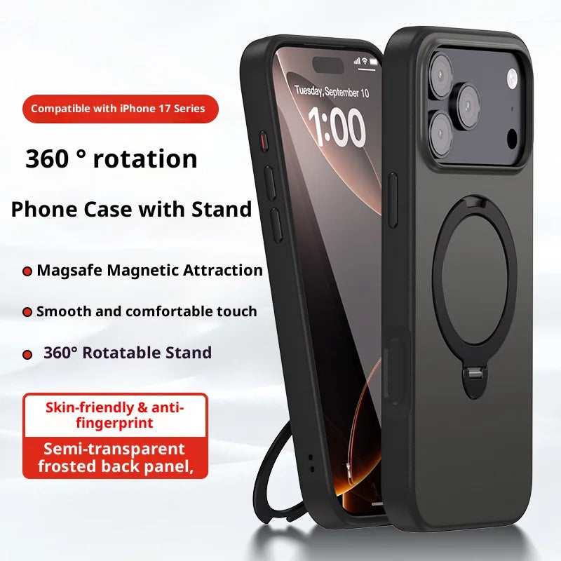Gjennomsiktig iPhone telefonveske med matt finish og integrert roterende stativ for smarttelefonen din.