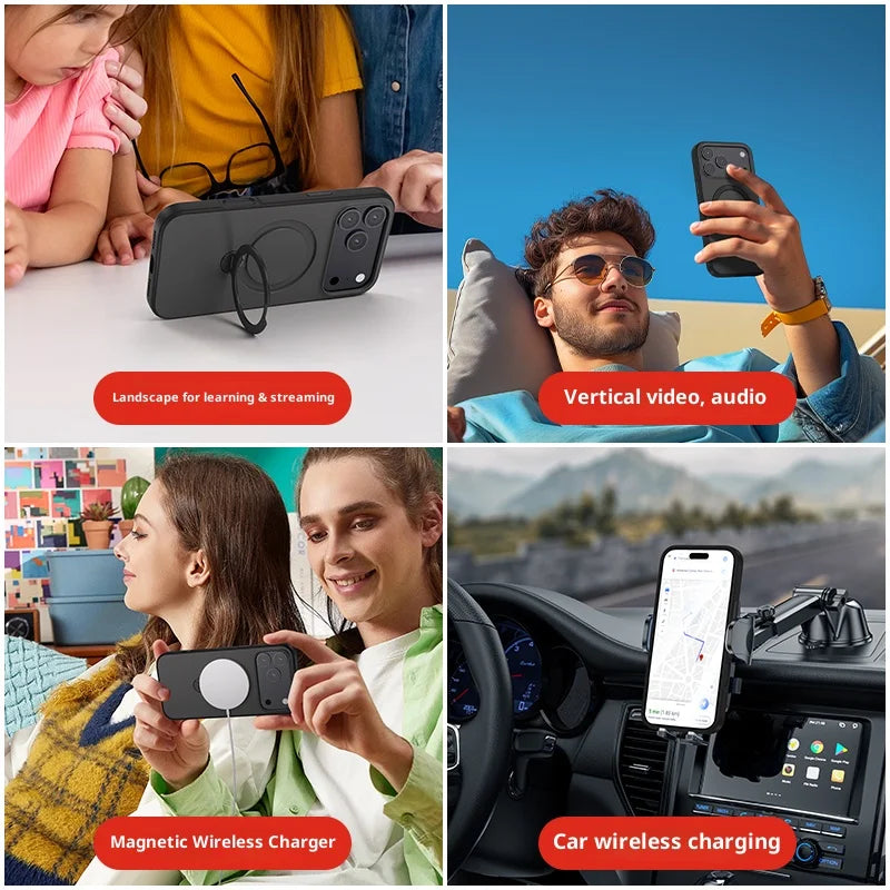 Slitesterk iPhone telefonveske med innebygd roterende stativ og kortlomme for allsidig bruk.