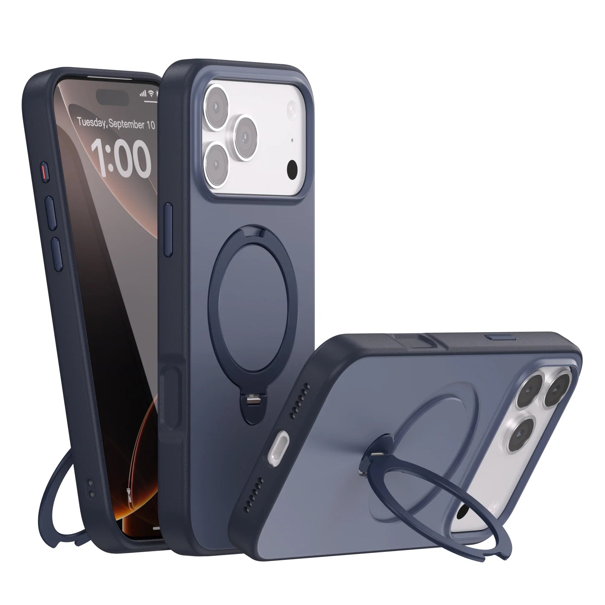 iPhone-veske som viser front og beskyttelse for skjerm, med praktisk roterende stativ og kortlomme.