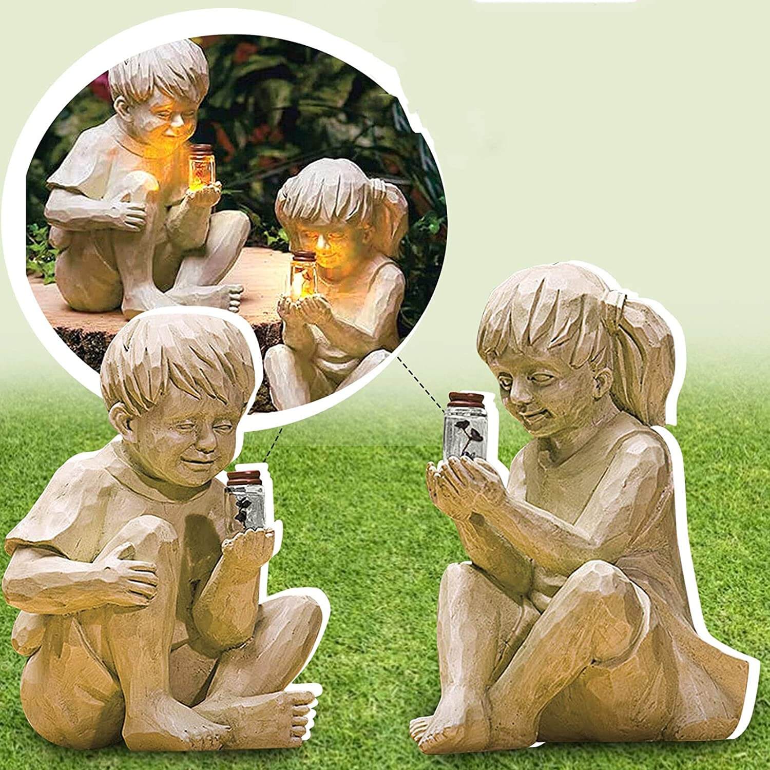 Hagepynt jentestatue: Solcelledrevne lysende ildfluer i resin for en sjarmerende hage.