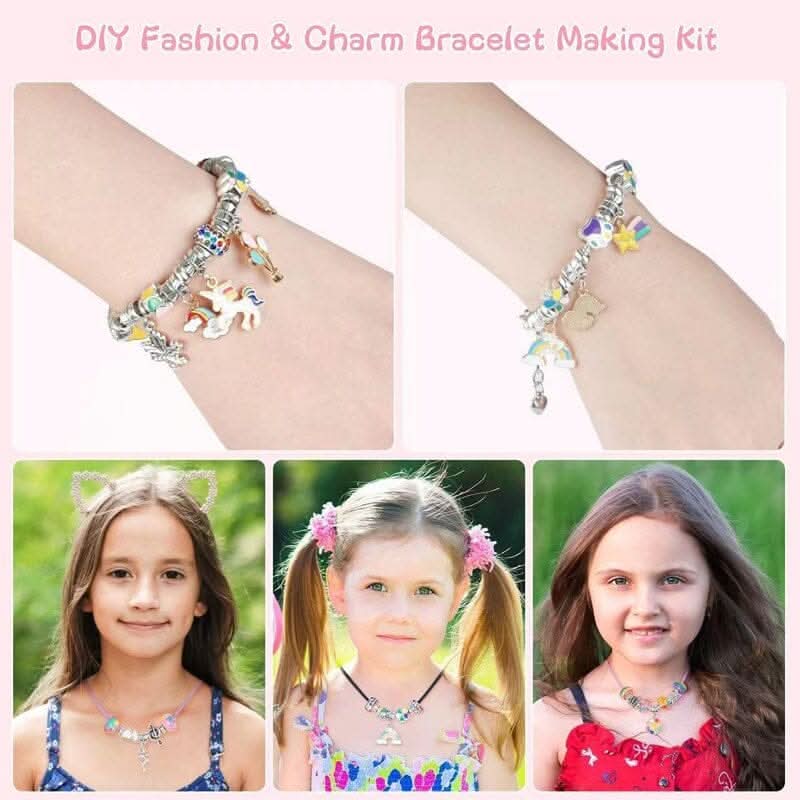 Åpent armbåndssett for jenter viser et utvalg av fargerike perler, anheng og elastiske tråder for DIY.