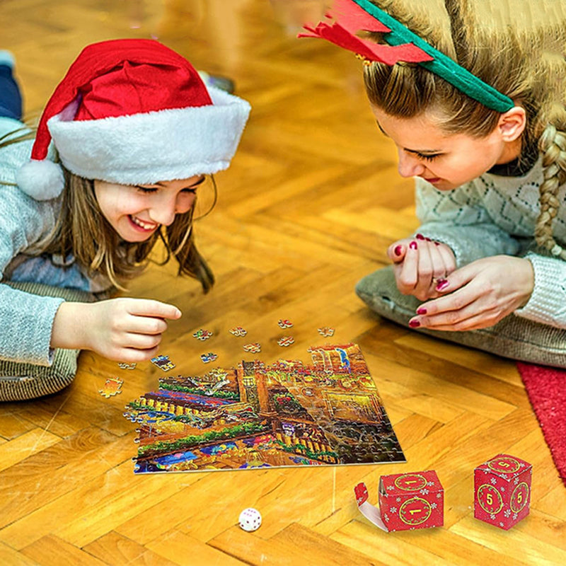 En adventskalender fylt med daglige puslespill; perfekt for juledekor og familieaktiviteter.