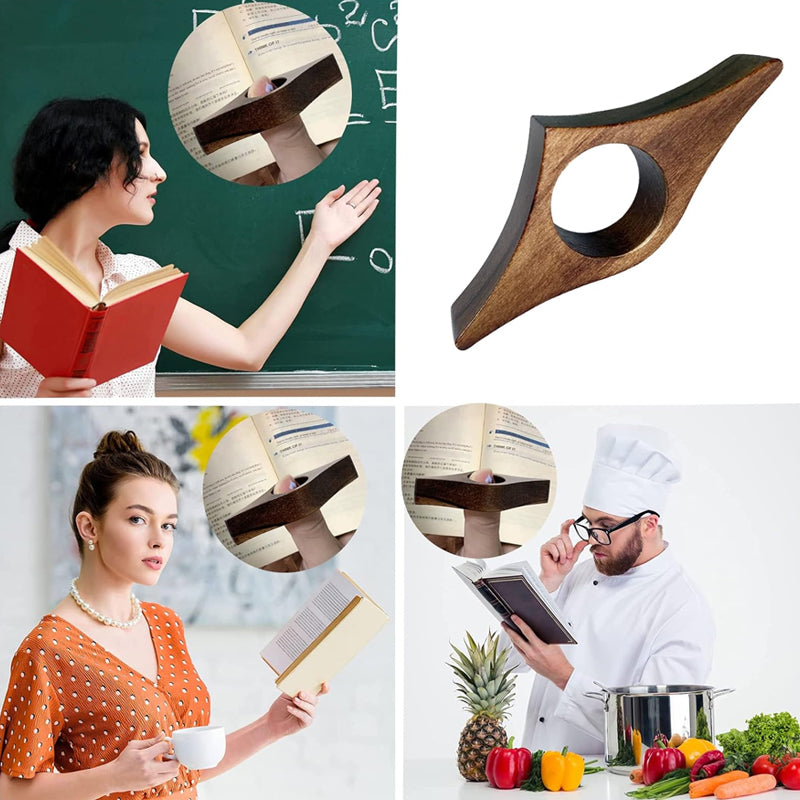 Ergonomisk bokholder i massivt tre, reduserer nakke- og øyebelastning under lesing.