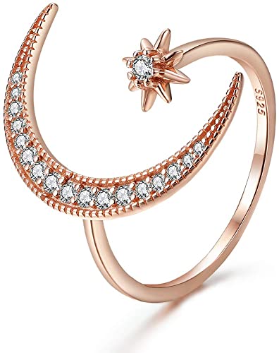 Sølvfarget elegant justerbar ring til dame med halvmåne, stjerne og skinnende kubisk zirkonia.
