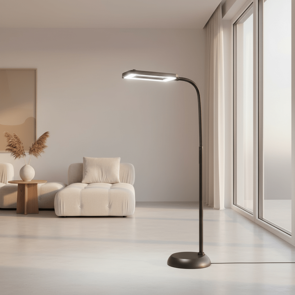 Moderne leselampe gulvlampe med LED og forstørrelsesglass. Justerbar for detaljarbeid, håndverk og hobbyprosjekter.