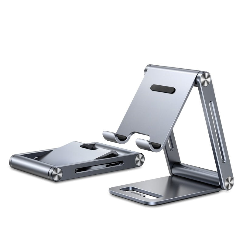 Justerbar universal telefonholder i aluminium for smarttelefoner, perfekt for skrivebord.
