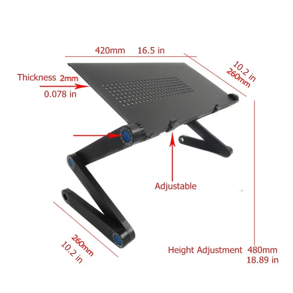 Ergonomisk laptop stativ i robust aluminium, med justerbar høyde og vinkel for bedre arbeidsstilling. Perfekt for hjemmekontor.