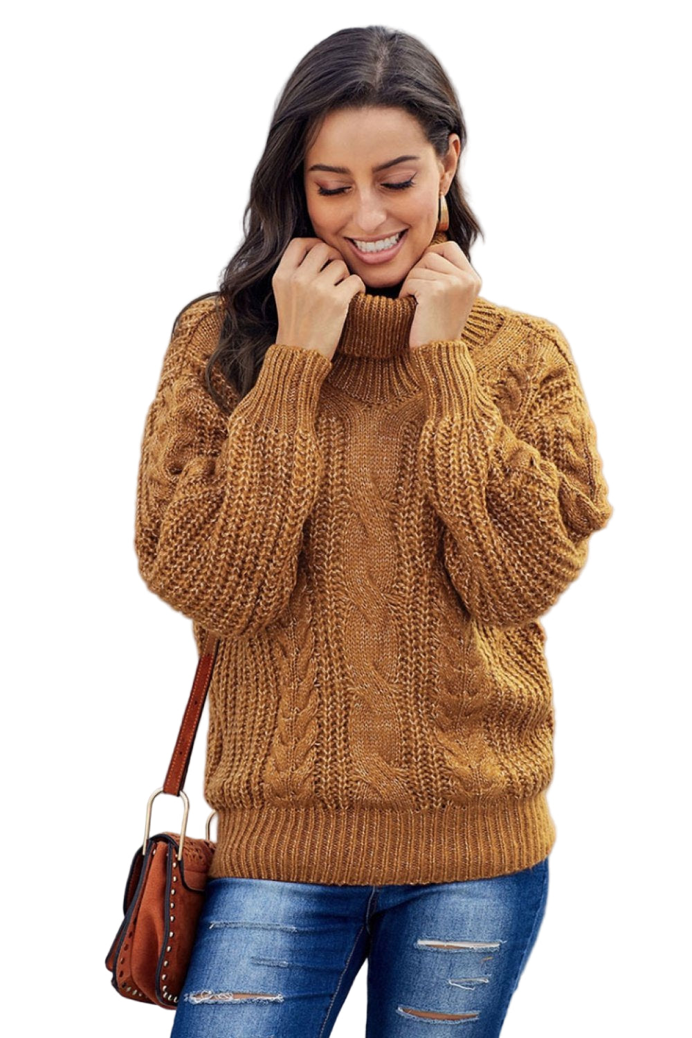 Kabelstrikket oversized damegenser med turtleneck i varm ullblanding. Perfekt høst- og vintergenser.