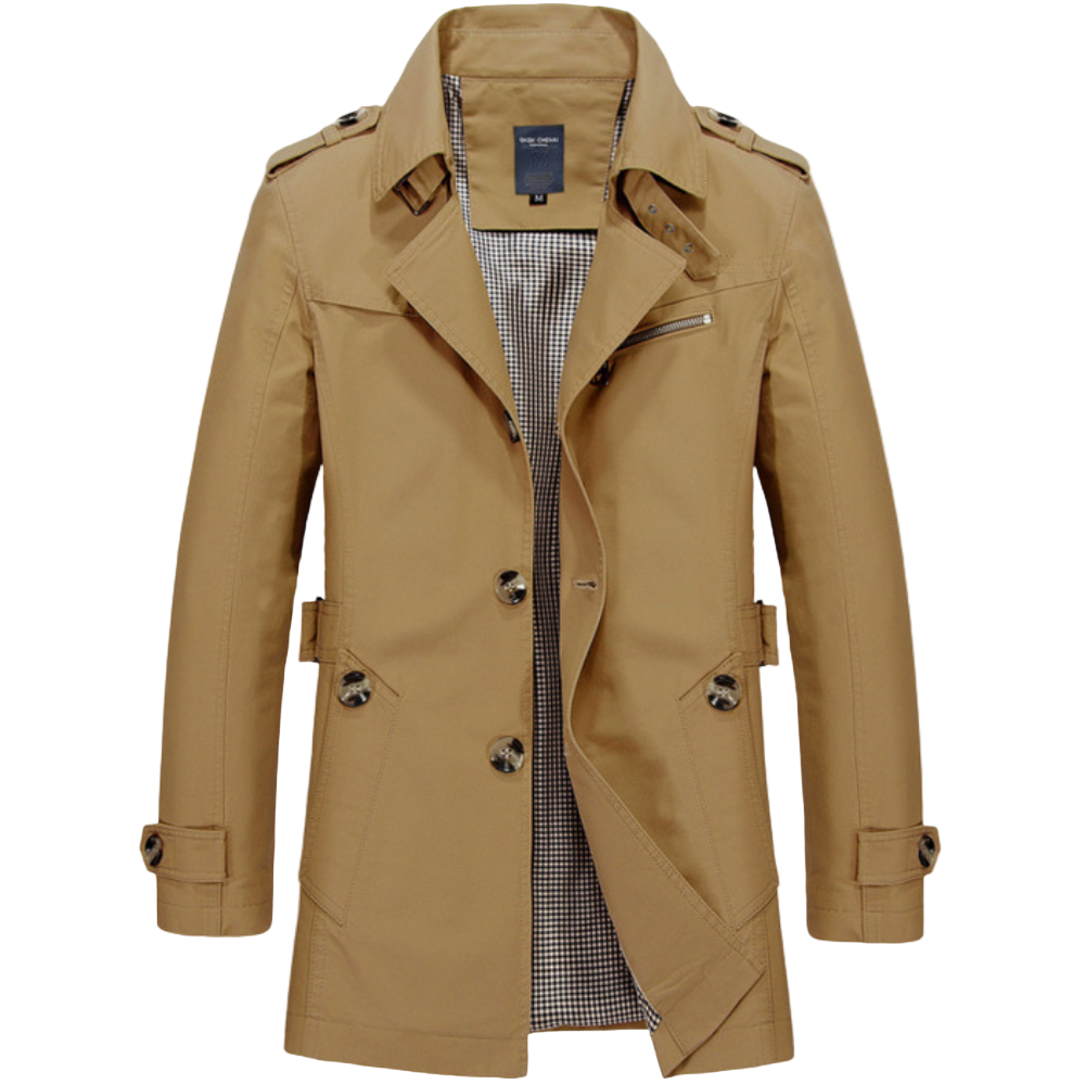 Klassisk beige herre trenchcoat i bomull for menn. Elegant vår- og høstjakke med belte, ideell for business casual.