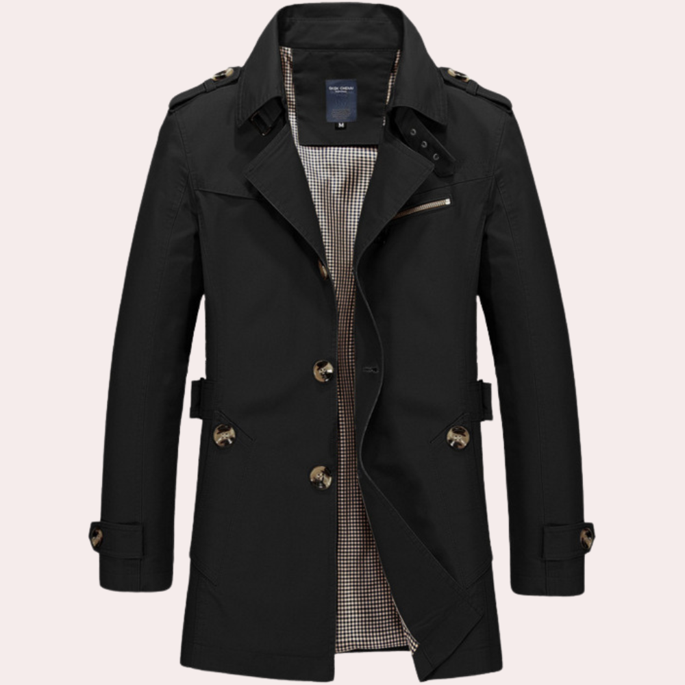 Tidløs herre trenchcoat med komfortabel passform. Perfekt som stilfull overgangsjakke for vår og høst til menn.
