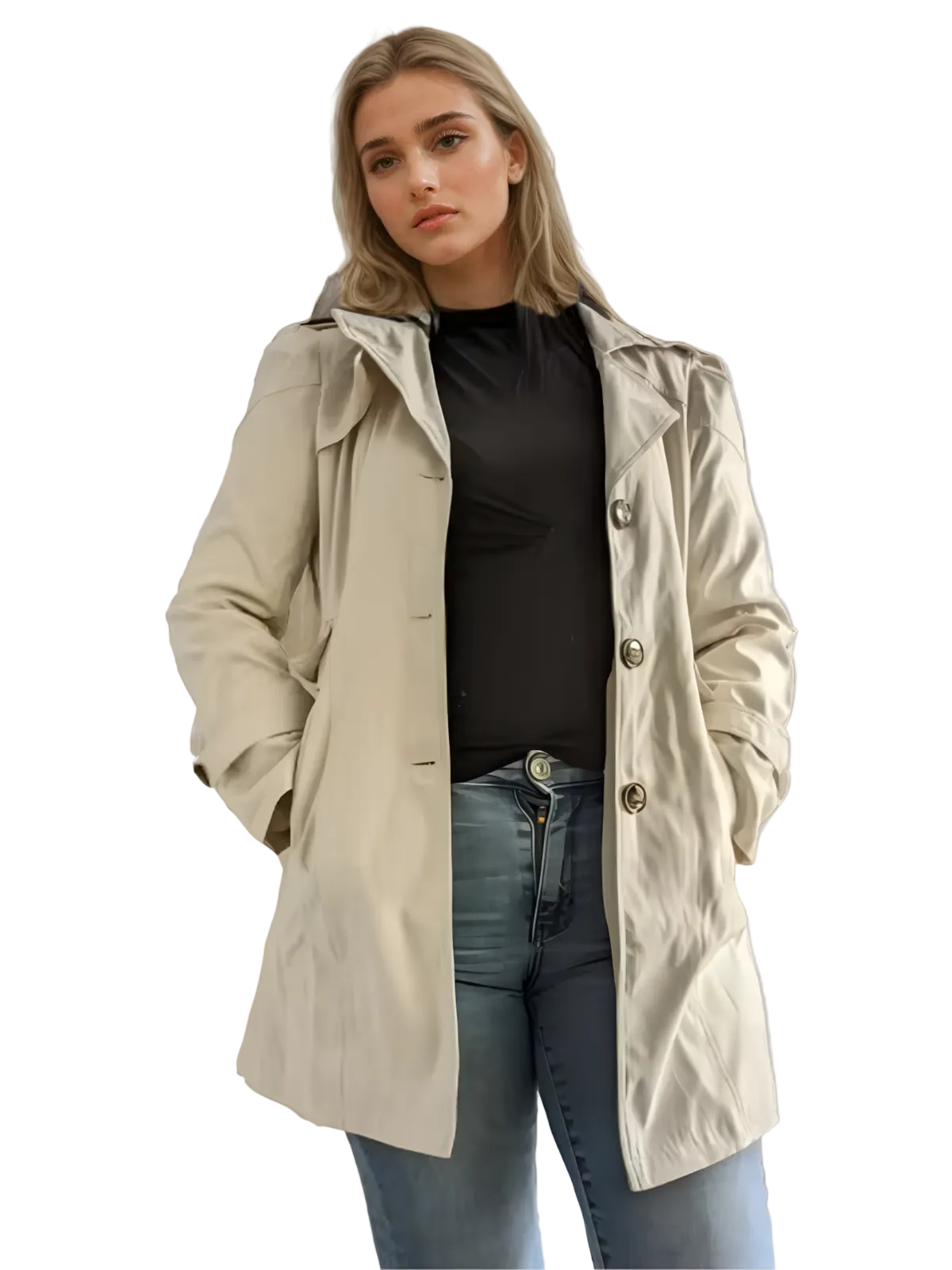 Klassisk beige kvinners trenchcoat; elegant ytterplagg for vår og høst. Tidløs mote, komfortabel.