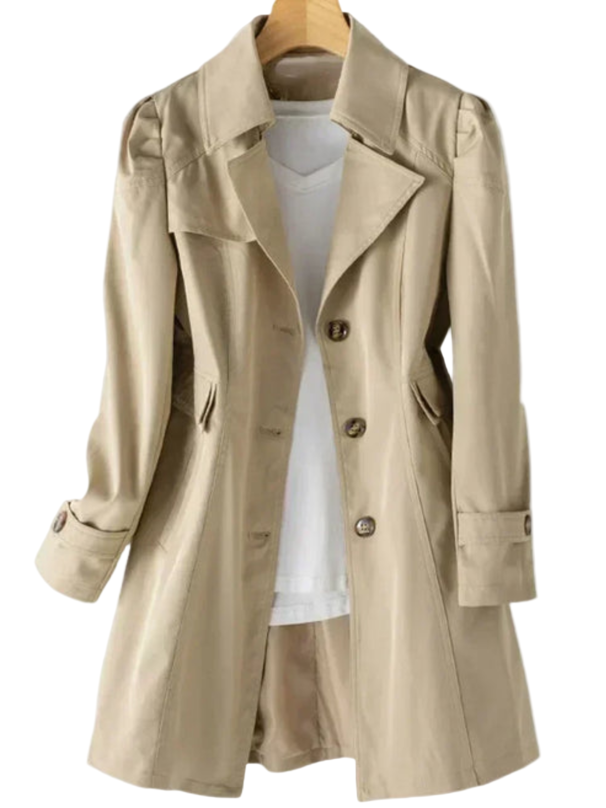 Lys brun kvinners trenchcoat med belte. Tidløs vårkåpe, elegant høstkåpe for stil og komfort.