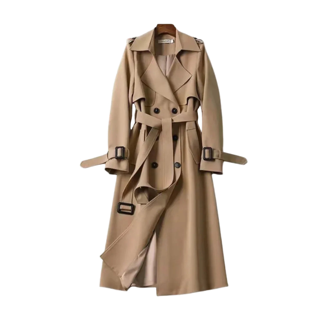 Klassisk beige trenchcoat for kvinner med justerbart belte, perfekt for elegant høst- og vårstil.